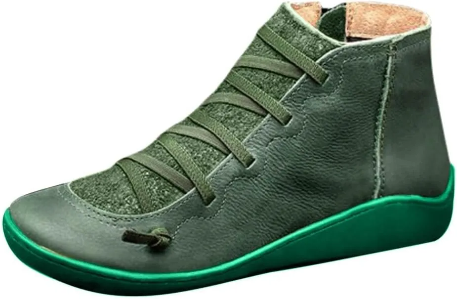 Cathalem Ankle Boots for Women Fall Shoes 2024 Ankle Boots No Heel Lace Up Side Zipper Vintage Retro Booties Slip On Flat Boots