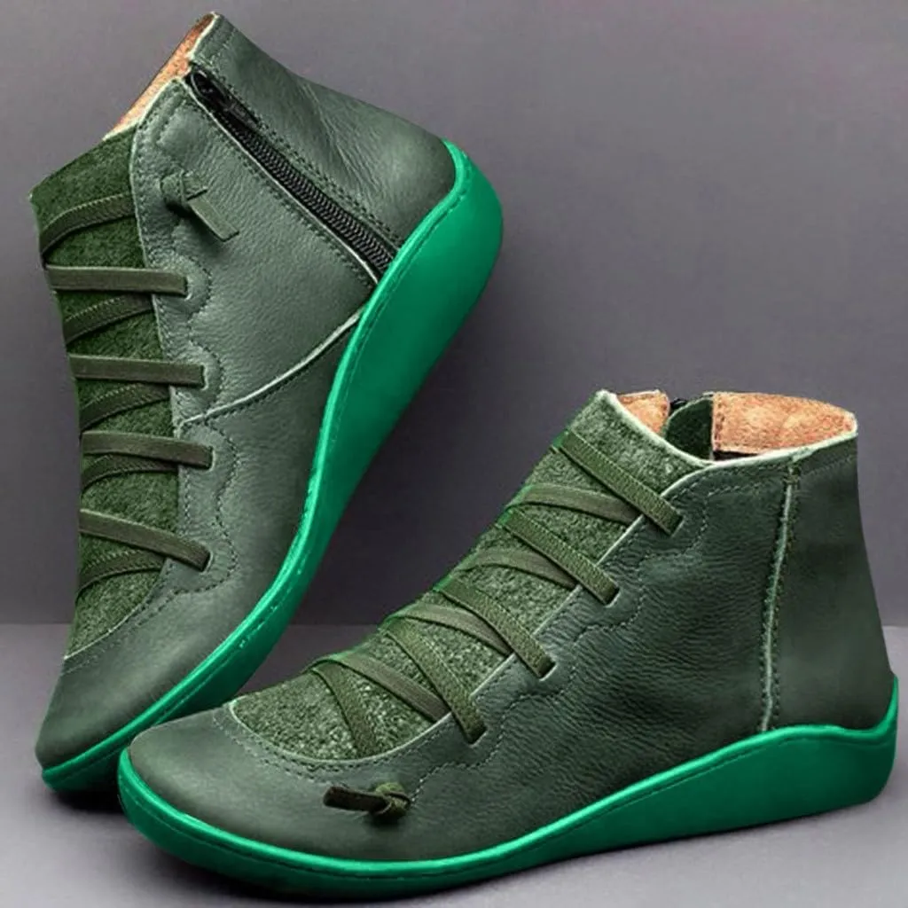 Cathalem Ankle Boots for Women Fall Shoes 2024 Ankle Boots No Heel Lace Up Side Zipper Vintage Retro Booties Slip On Flat Boots