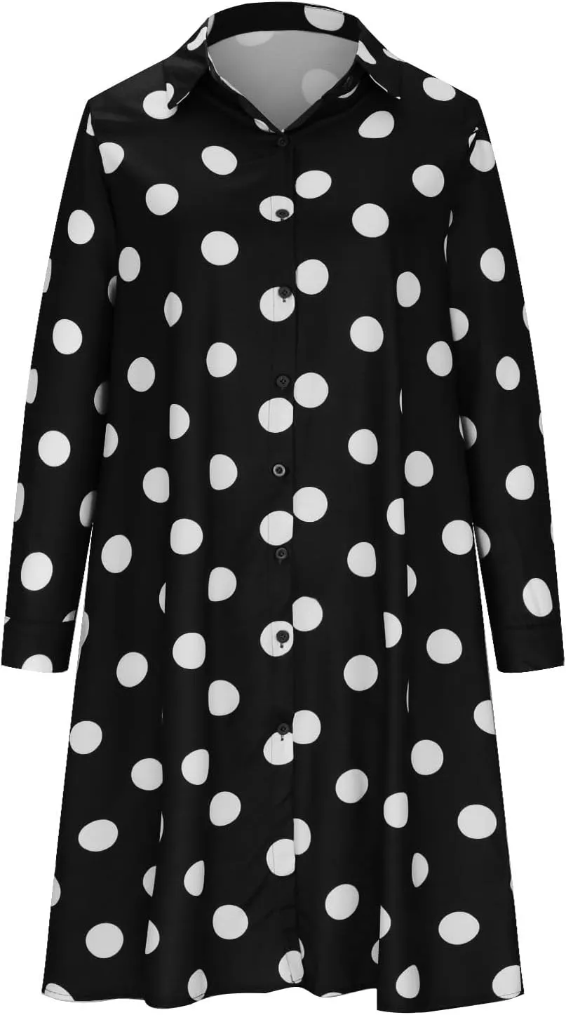 Ceboyel Womens Polka Dots Midi Dress Knee Length Half Sleeve Dresses Casual Loose Shirt Dress Dressy Trendy Summer Outfits