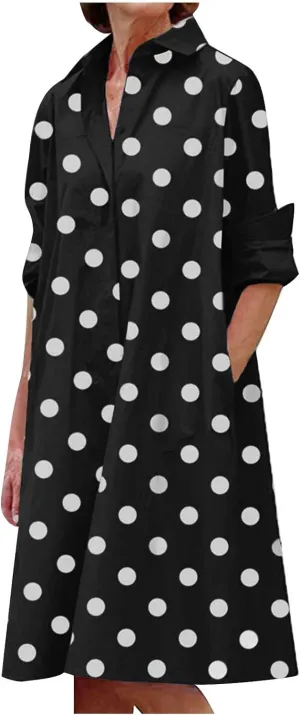 Ceboyel Womens Polka Dots Midi Dress Knee Length Half Sleeve Dresses Casual Loose Shirt Dress Dressy Trendy Summer Outfits