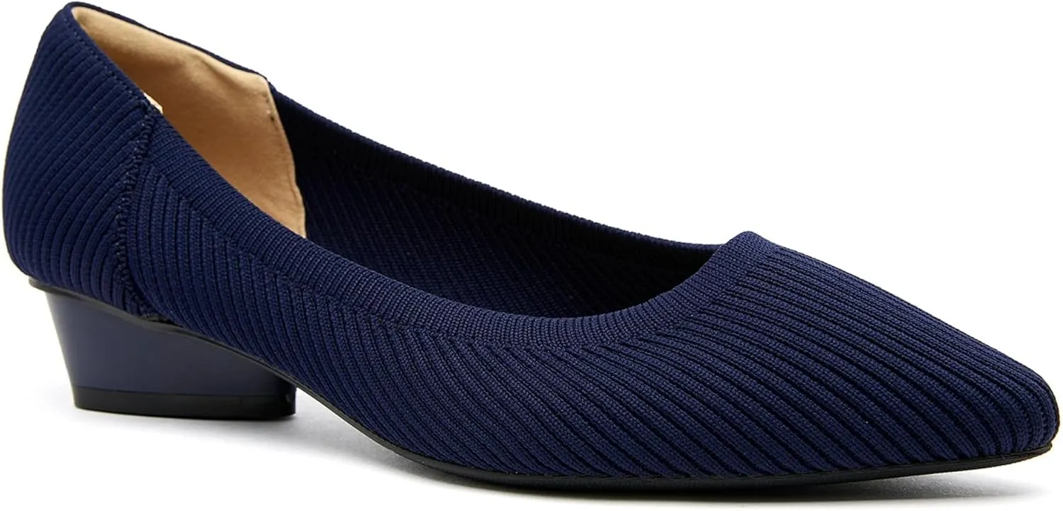 Chunky Heels for Women Knit Ballet Shoes Pointed Toe Low Heel Mesh Comfortable Block Pumps Dress Shoes