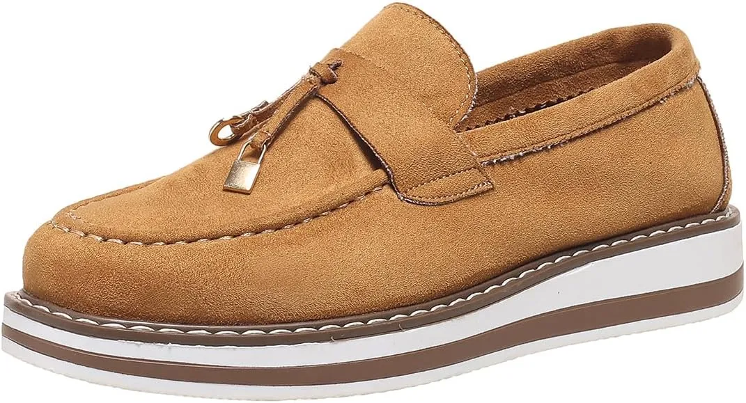 Chunky Platform Loafers for Women Tassel Slip On Suede Faux Leather Loafers Slip On Casual Loafers