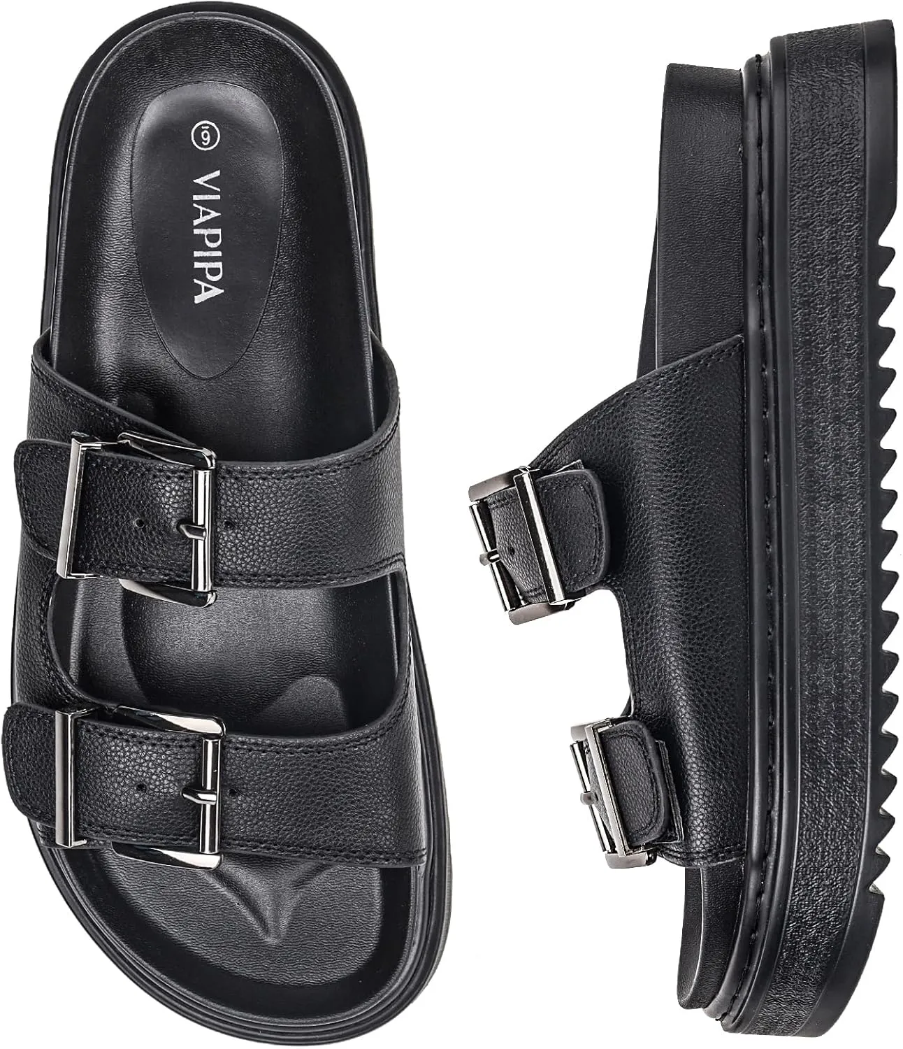 Chunky Platform Sandals for Women, Waterproof Non-Slip Rubber Sole, Adjustable Double Buckle, Arch Support Open Toe Slide Sandals, Comfortable Black Wedge Sandals for Women