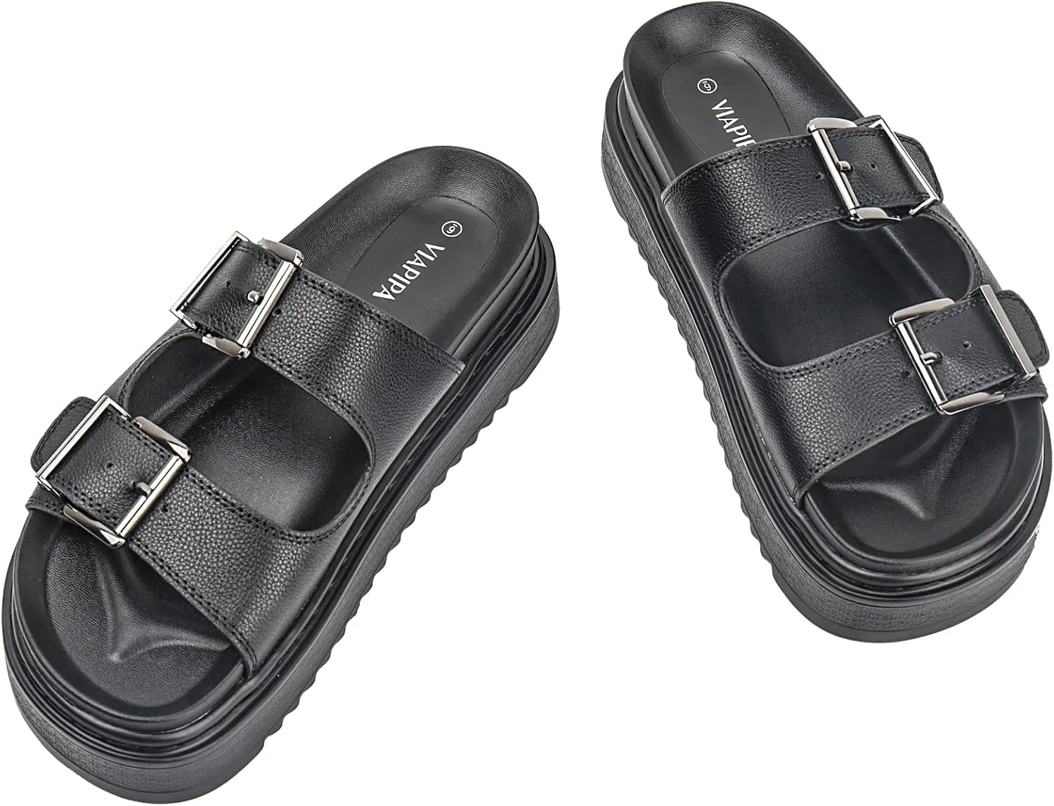 Chunky Platform Sandals for Women, Waterproof Non-Slip Rubber Sole, Adjustable Double Buckle, Arch Support Open Toe Slide Sandals, Comfortable Black Wedge Sandals for Women