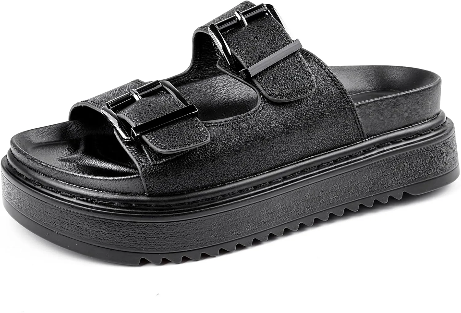 Chunky Platform Sandals for Women, Waterproof Non-Slip Rubber Sole, Adjustable Double Buckle, Arch Support Open Toe Slide Sandals, Comfortable Black Wedge Sandals for Women