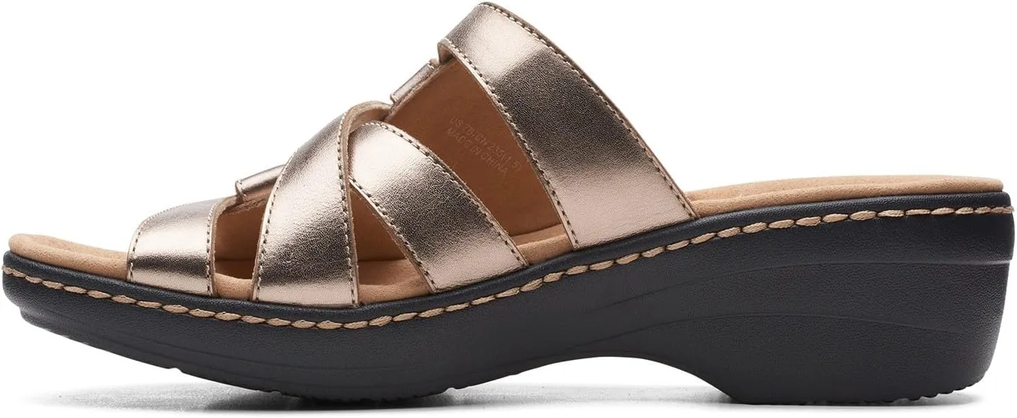 Clarks Womens Merliah Karli Metallic Leather Slide Sandals