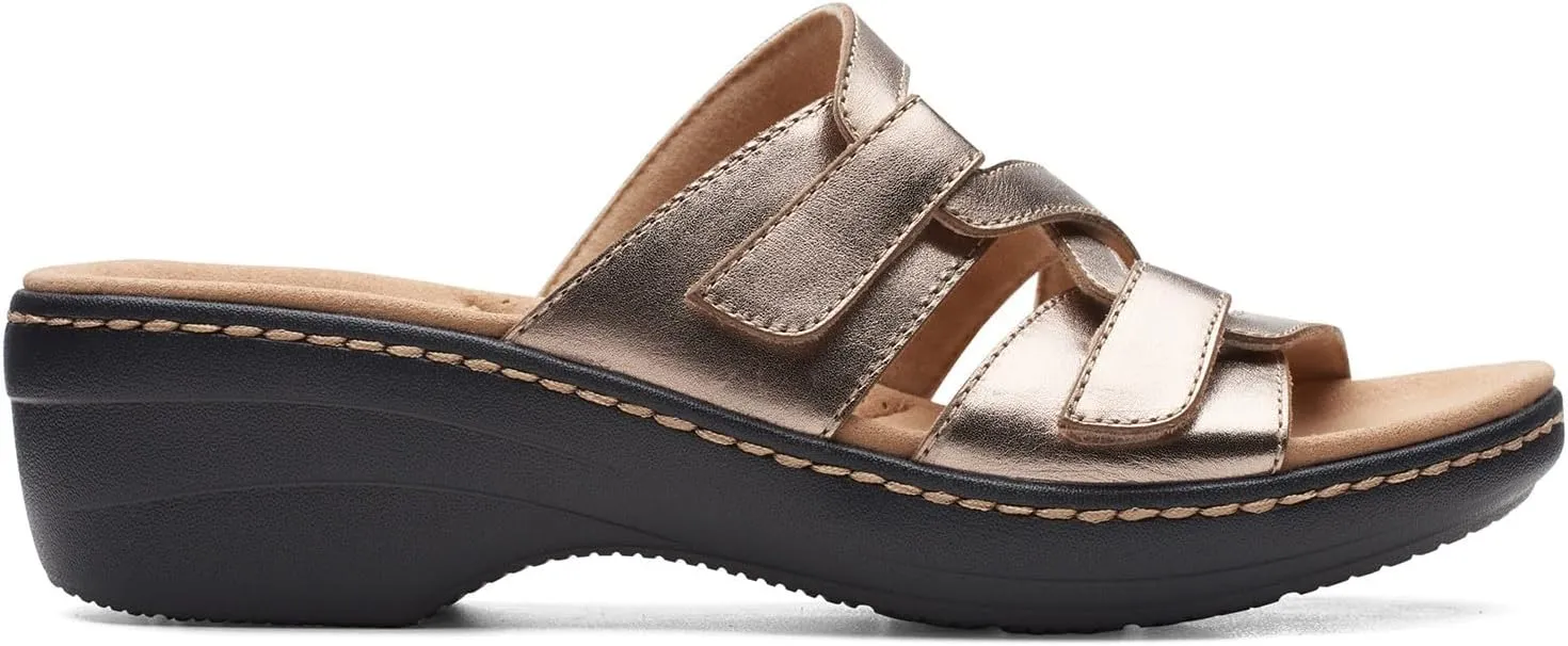 Clarks Womens Merliah Karli Metallic Leather Slide Sandals