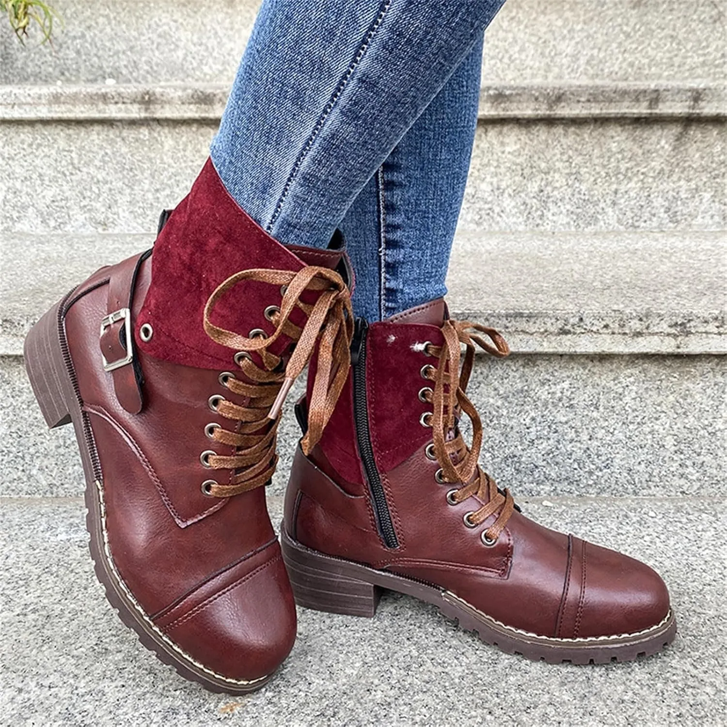 Combat Boots Women with Heel Women Boots Ankle Boots Side Zipper with Buckle Lace up Round Toe Fashion Casual Boots