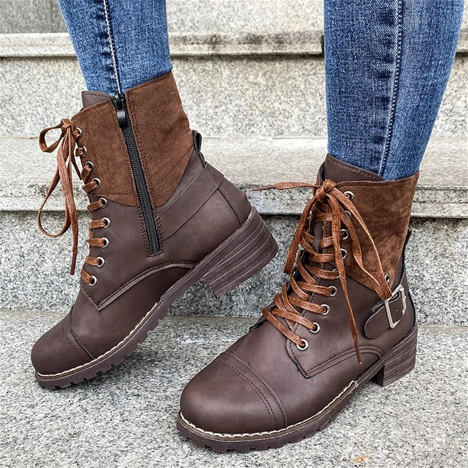 Combat Boots Women with Heel Women Boots Ankle Boots Side Zipper with Buckle Lace up Round Toe Fashion Casual Boots