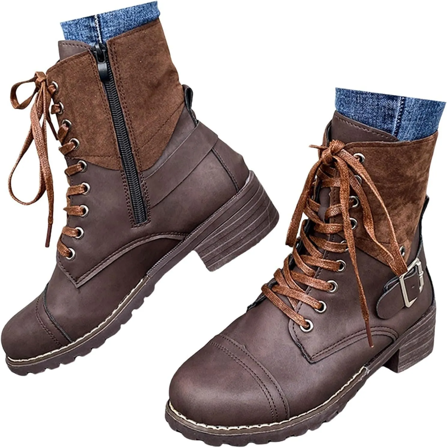 Combat Boots Women with Heel Women Boots Ankle Boots Side Zipper with Buckle Lace up Round Toe Fashion Casual Boots