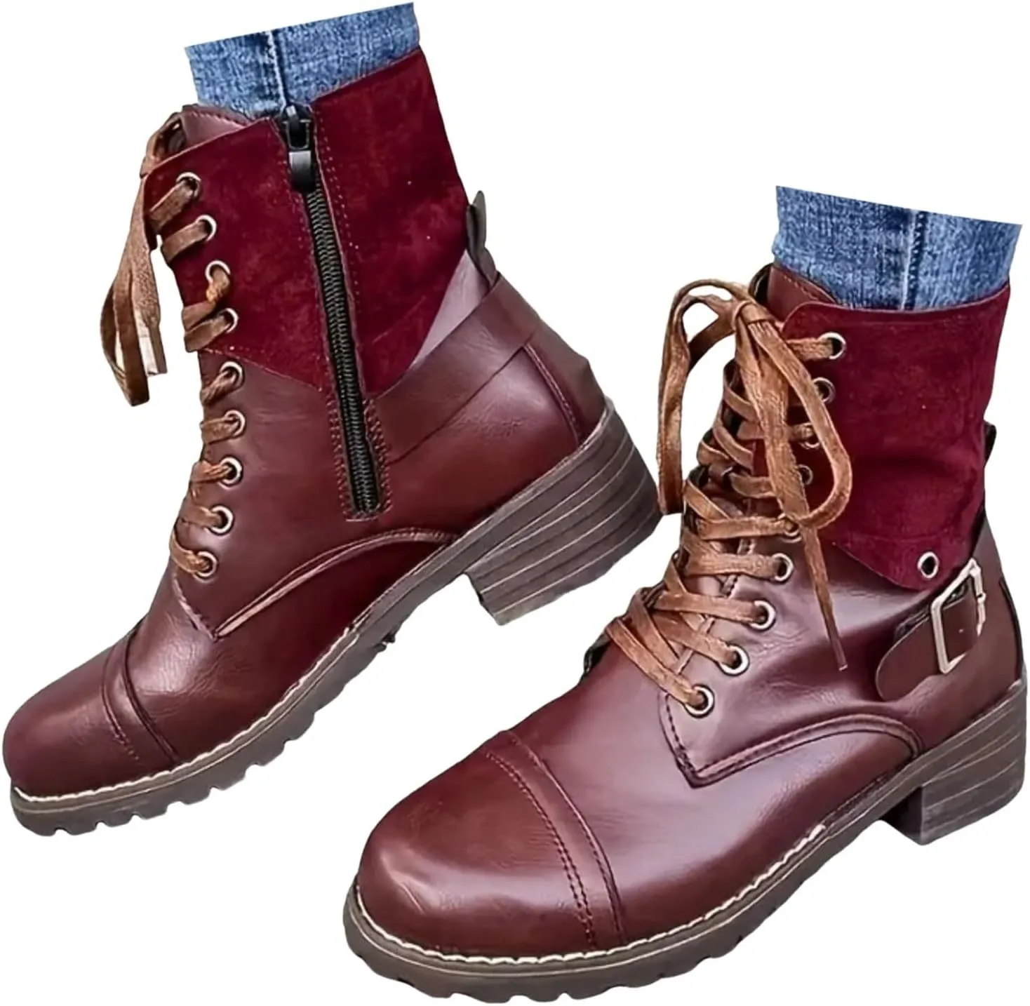Combat Boots Women with Heel Women Boots Ankle Boots Side Zipper with Buckle Lace up Round Toe Fashion Casual Boots