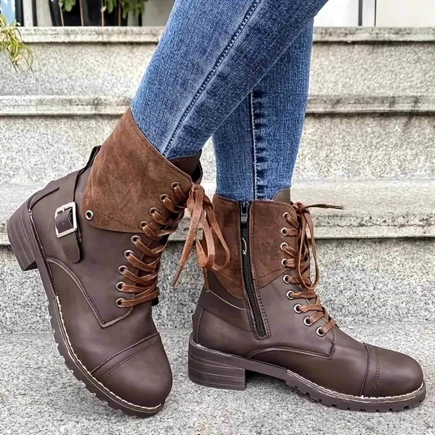 Combat Boots Women with Heel Women Boots Ankle Boots Side Zipper with Buckle Lace up Round Toe Fashion Casual Boots