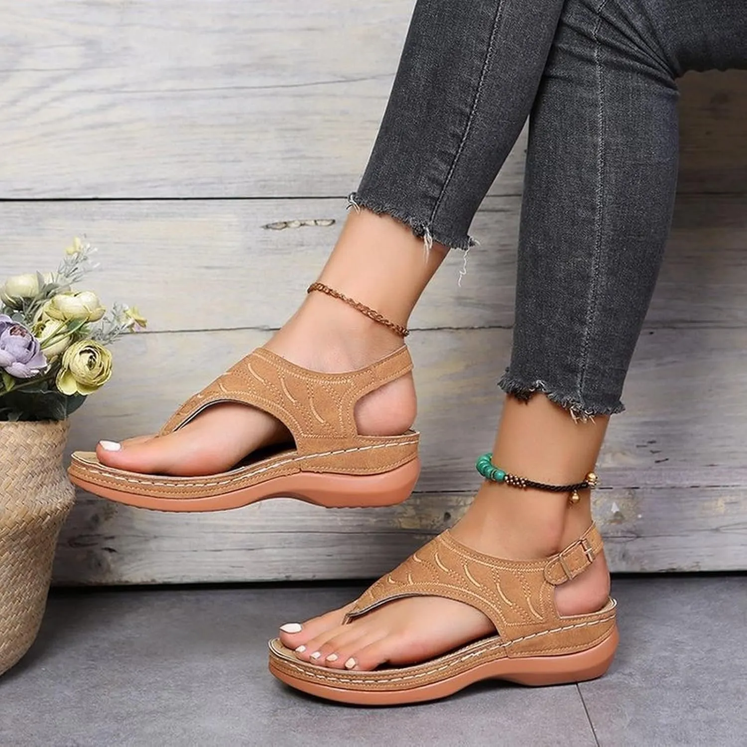 Comfortable Sandals for Women Wiide Width Ankle Strap Flips Flops Summer Dressy Boho Beach Walking Wedge