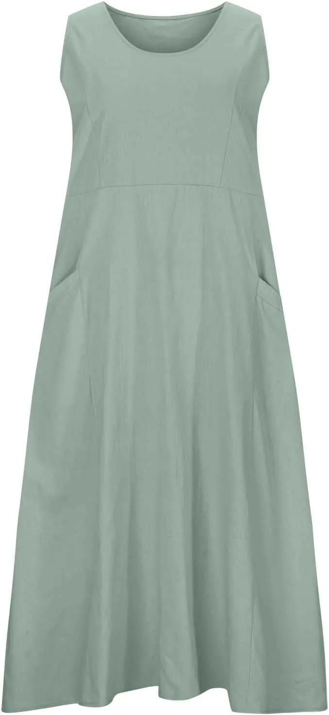 Cotton Line Dresses for Women 2023 Casual Summer Sleeveless Beach Flowy Sundress with Pockets Loose Tank Dress