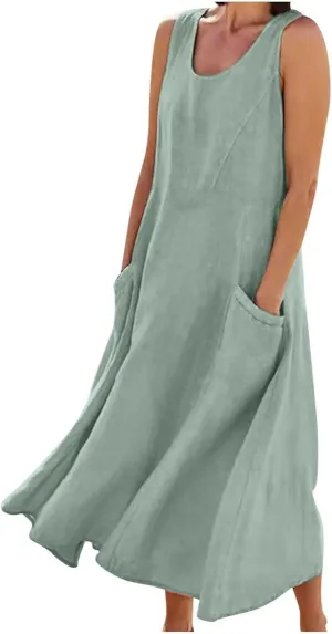 Cotton Line Dresses for Women 2023 Casual Summer Sleeveless Beach Flowy Sundress with Pockets Loose Tank Dress