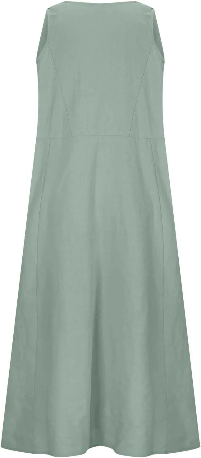 Cotton Line Dresses for Women 2023 Casual Summer Sleeveless Beach Flowy Sundress with Pockets Loose Tank Dress