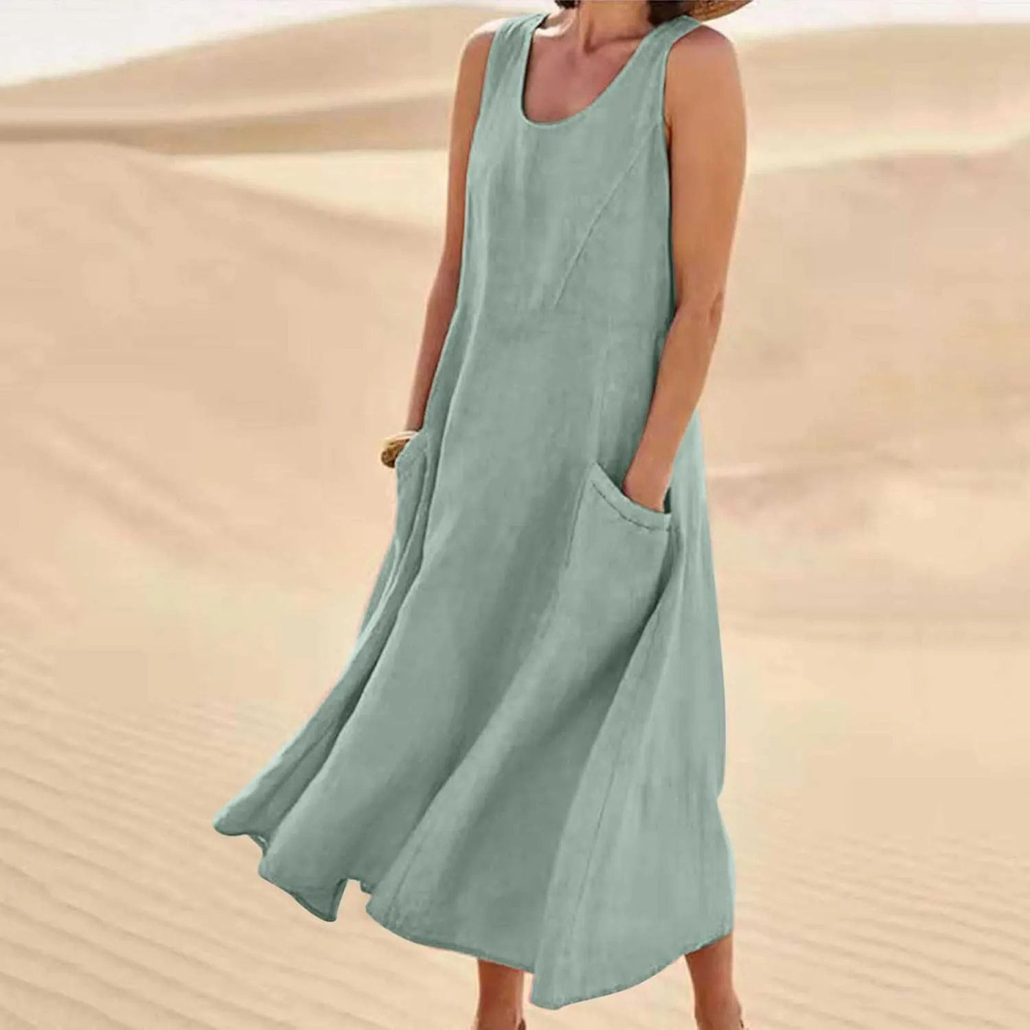 Cotton Line Dresses for Women 2023 Casual Summer Sleeveless Beach Flowy Sundress with Pockets Loose Tank Dress