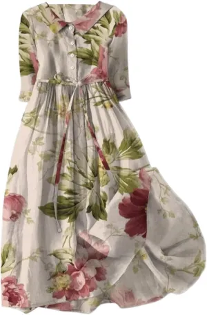 Cotton Linen Dresses for Women 2024 Maxi Button Down Plus Size A Line Dress Trendy 3/4 Sleeve Floral Dress Summer Dresses
