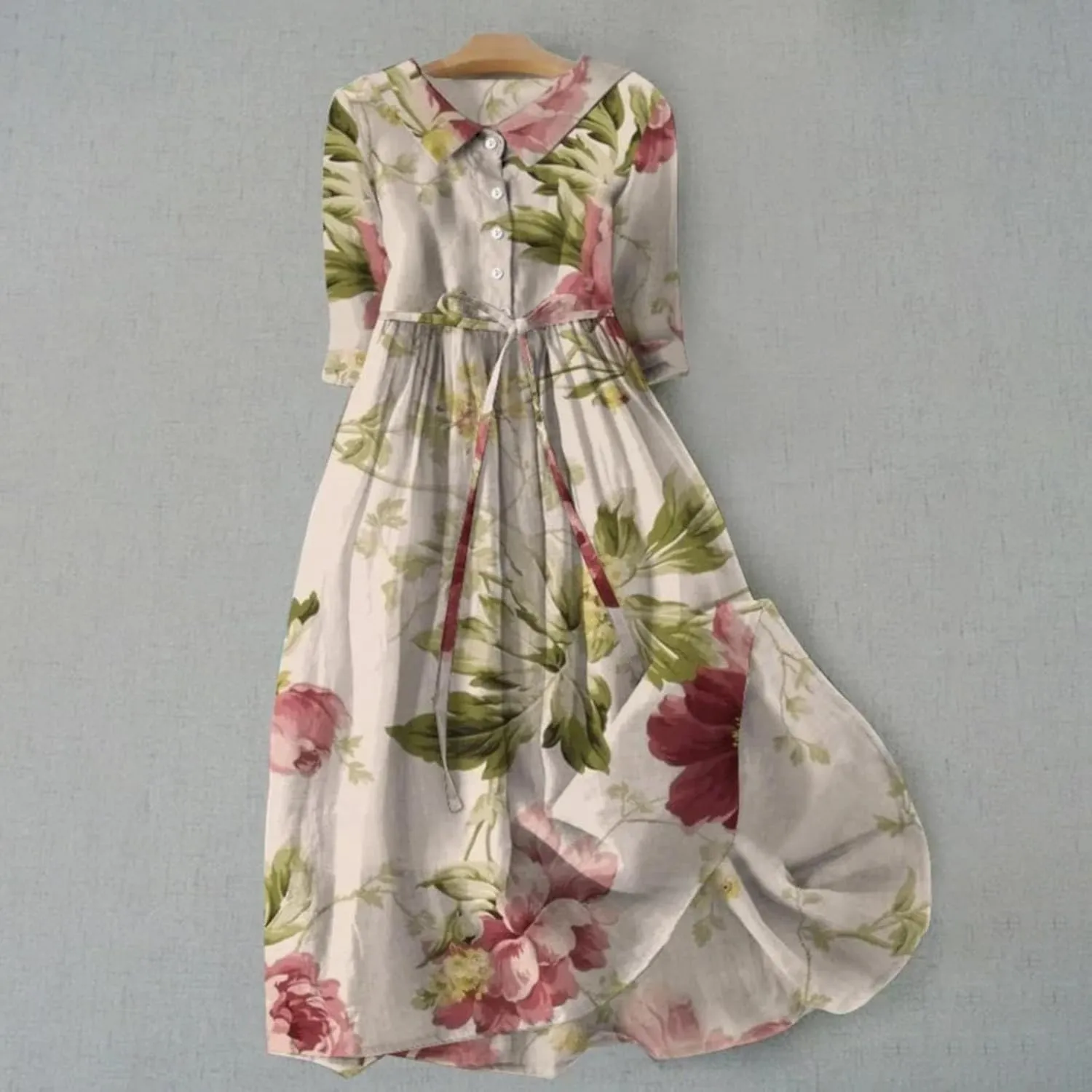 Cotton Linen Dresses for Women 2024 Maxi Button Down Plus Size A Line Dress Trendy 3/4 Sleeve Floral Dress Summer Dresses