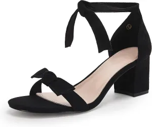 Coutgo Womens Bowknot Ankle Strap Heeled Sandals Mid Block Heel Round Open Toe Summer Wedding Dress Shoes