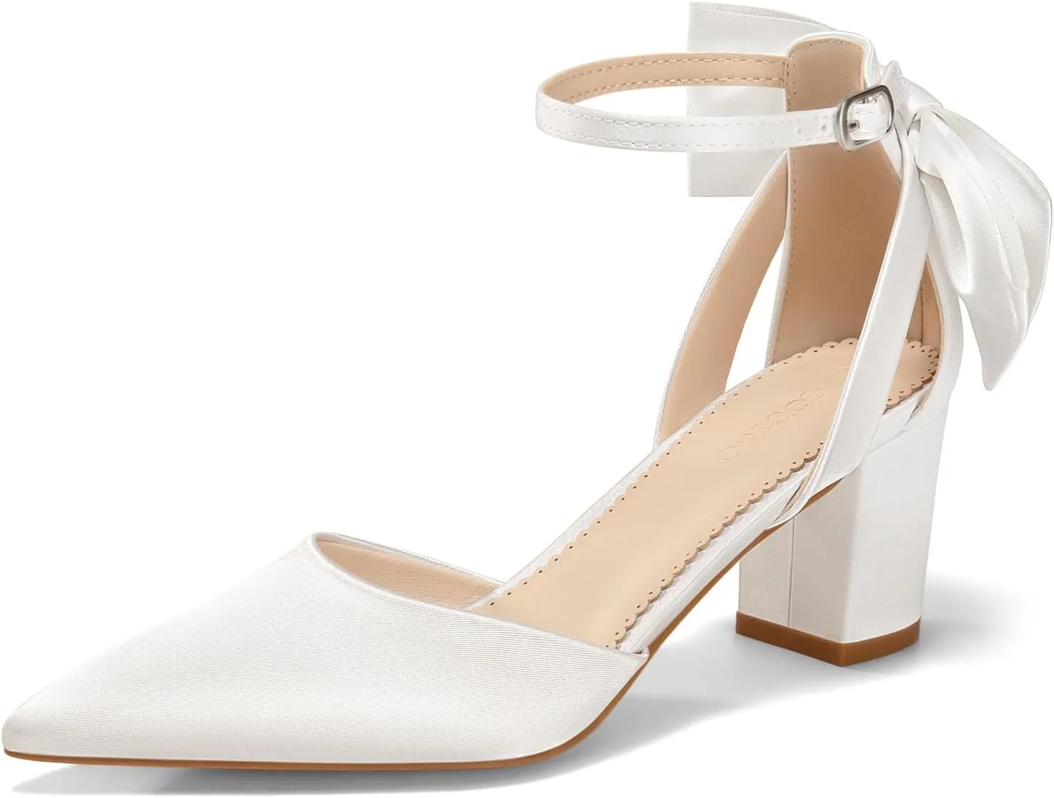 Coutgo Womens Chunky Heels Low Heel Ankle Strap D'Orsay Pumps Closed Pointed Toe Wedding Bridal Shoes