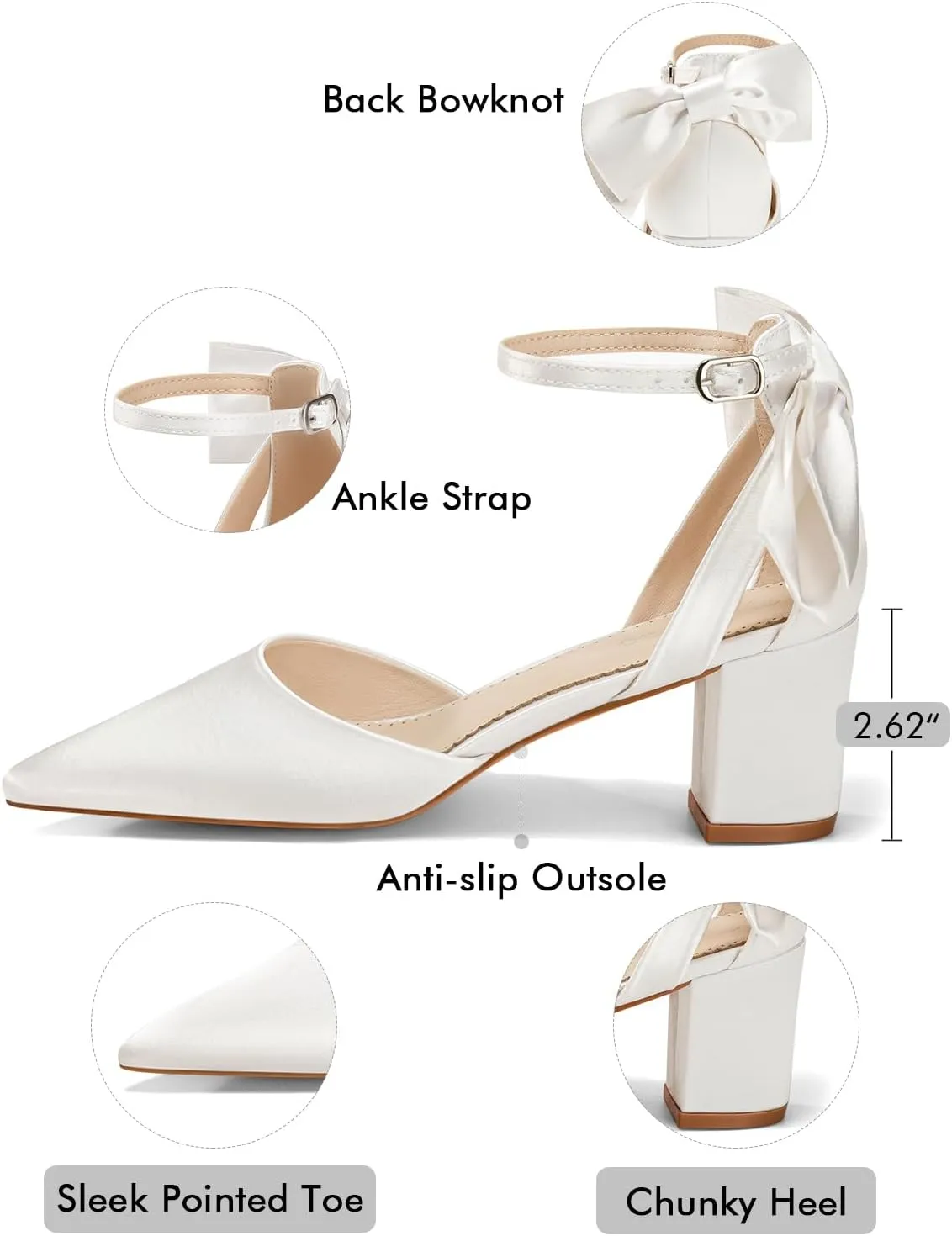 Coutgo Womens Chunky Heels Low Heel Ankle Strap D'Orsay Pumps Closed Pointed Toe Wedding Bridal Shoes