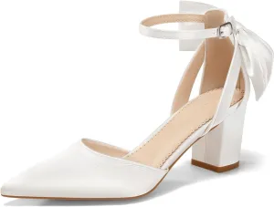 Coutgo Womens Chunky Heels Low Heel Ankle Strap D'Orsay Pumps Closed Pointed Toe Wedding Bridal Shoes