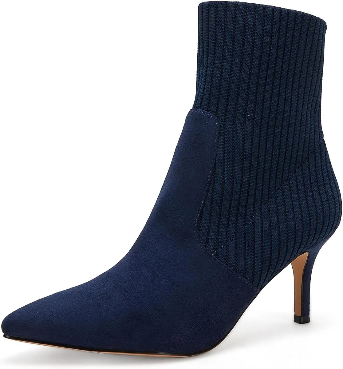 Coutgo Women's Pointed Toe Ankle Boots Stiletto Kitten Heel Knit Faux Suede Winter Sock Booties