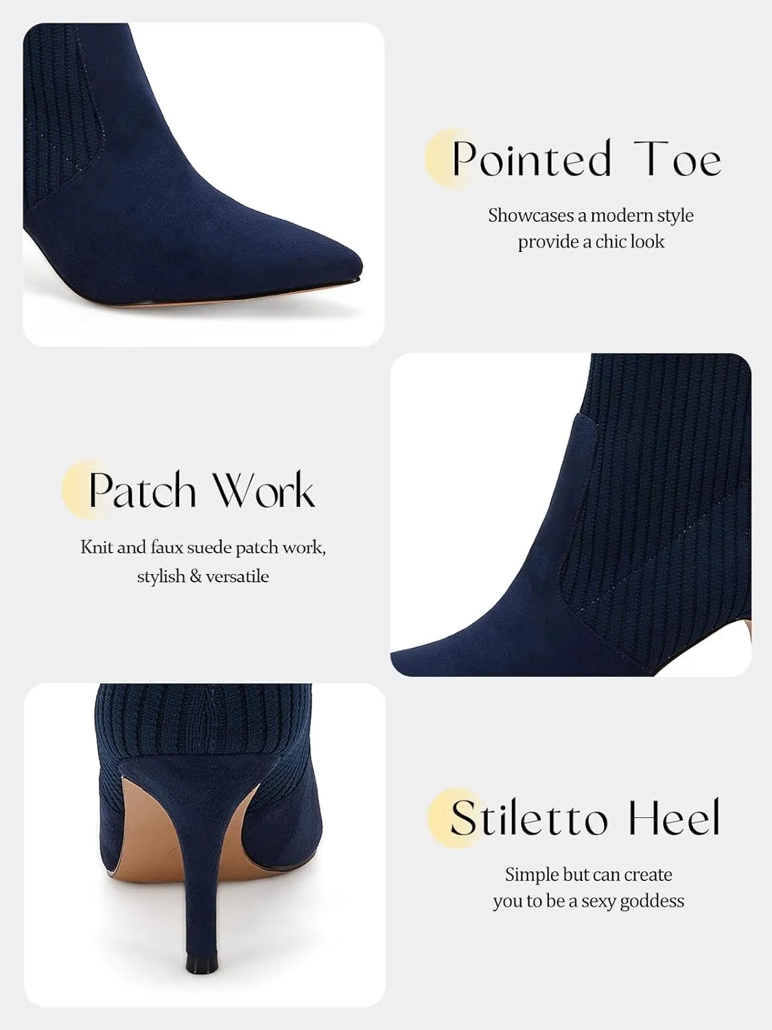 Coutgo Women's Pointed Toe Ankle Boots Stiletto Kitten Heel Knit Faux Suede Winter Sock Booties