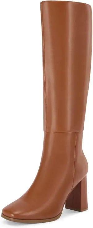 Coutgo Womens Wide Calf Knee High Boots Chunky High Heel Square Toe Fashion Leather Shoes with Side Zipper