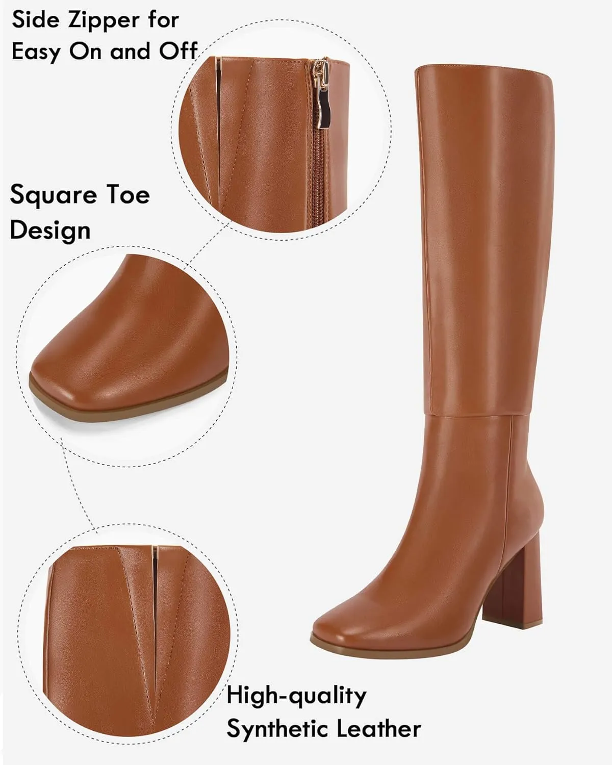 Coutgo Womens Wide Calf Knee High Boots Chunky High Heel Square Toe Fashion Leather Shoes with Side Zipper