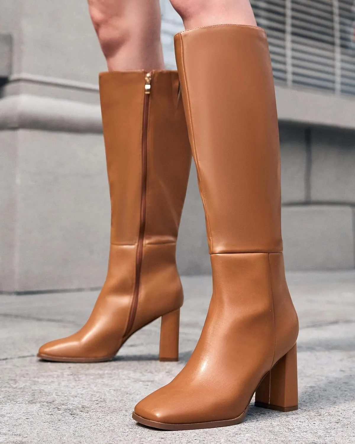 Coutgo Womens Wide Calf Knee High Boots Chunky High Heel Square Toe Fashion Leather Shoes with Side Zipper