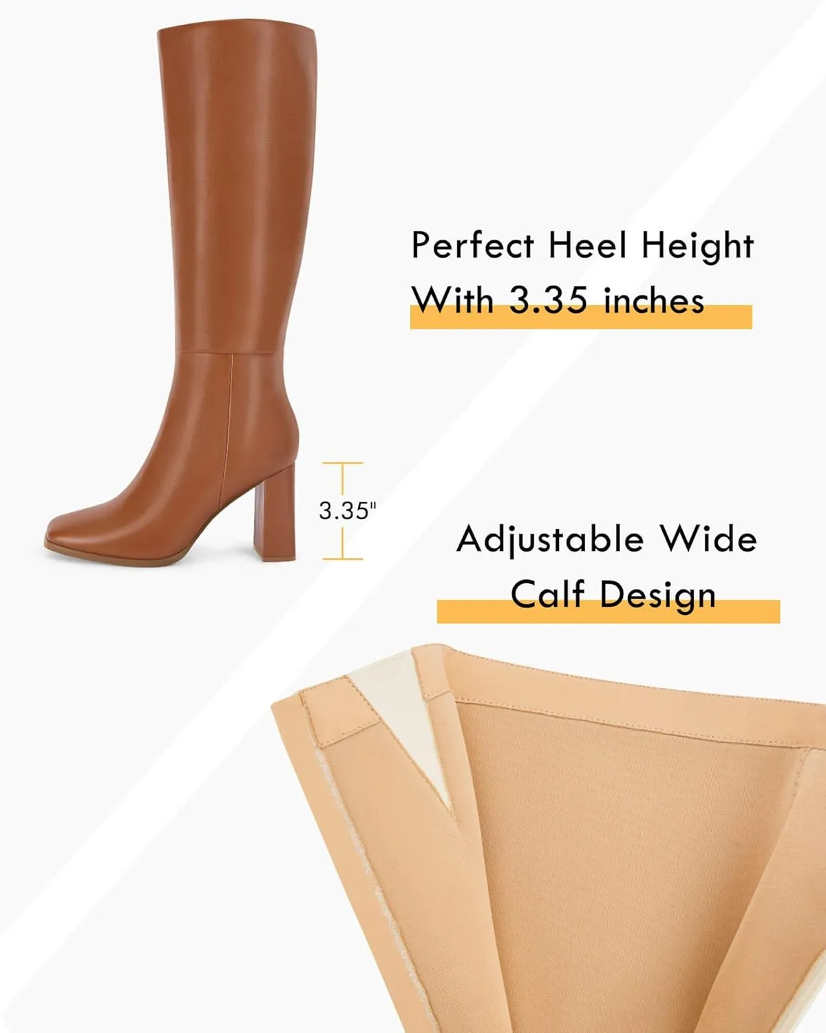 Coutgo Womens Wide Calf Knee High Boots Chunky High Heel Square Toe Fashion Leather Shoes with Side Zipper