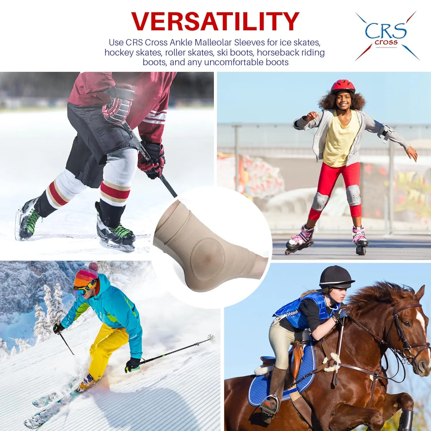CRS Cross Ankle Malleolar Gel Sleeves. Padded Skate Sock with Ankle Bone Pads for Figure Skating, Hockey, Inline, Roller, Ski, Hiking or Riding Boots. Protector cushion (One Size Fits Most)
