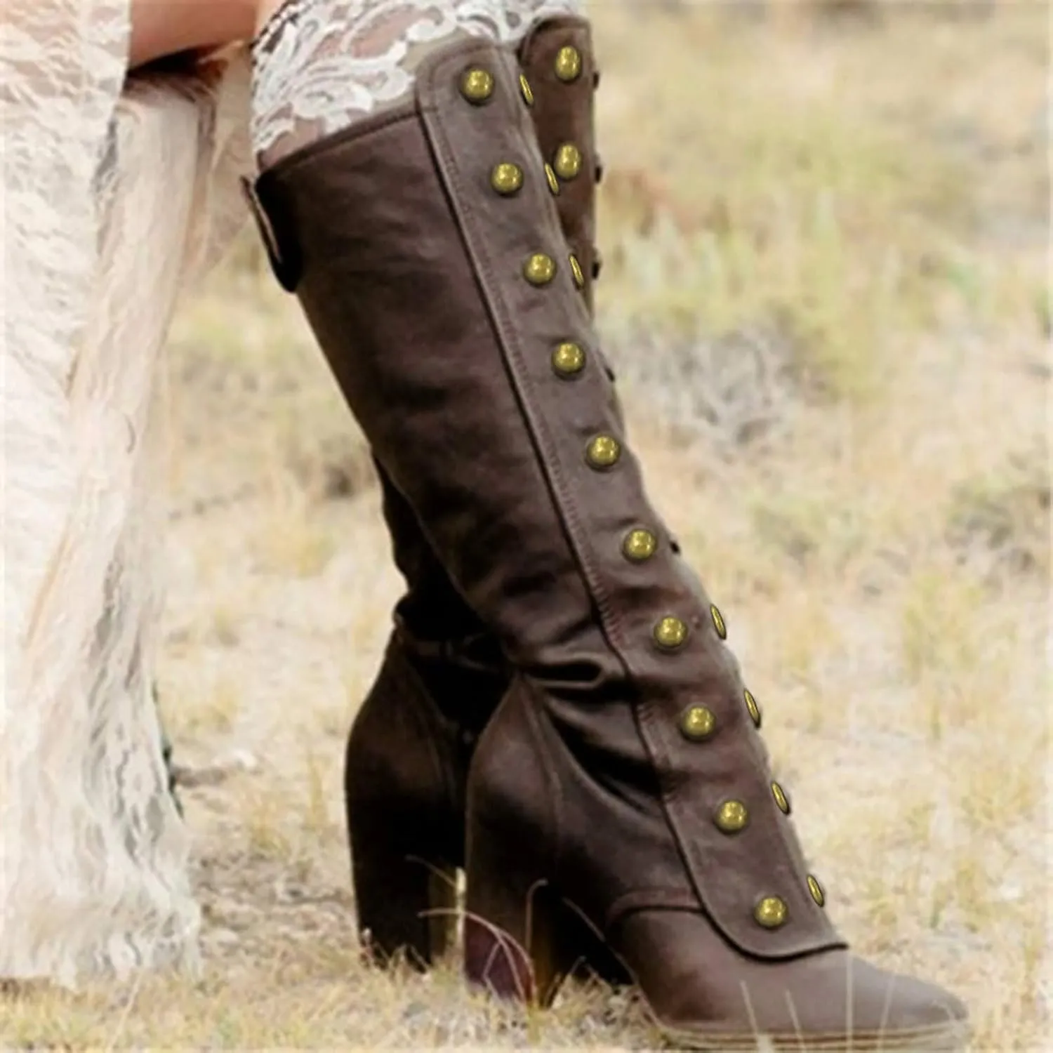CsgrFagr Women Knee High Boots Fashion Side Zip Booties High Heels Retro Shoes High Boots Knit Wide Over The Knee Boots for Women (Brown, 8.5)
