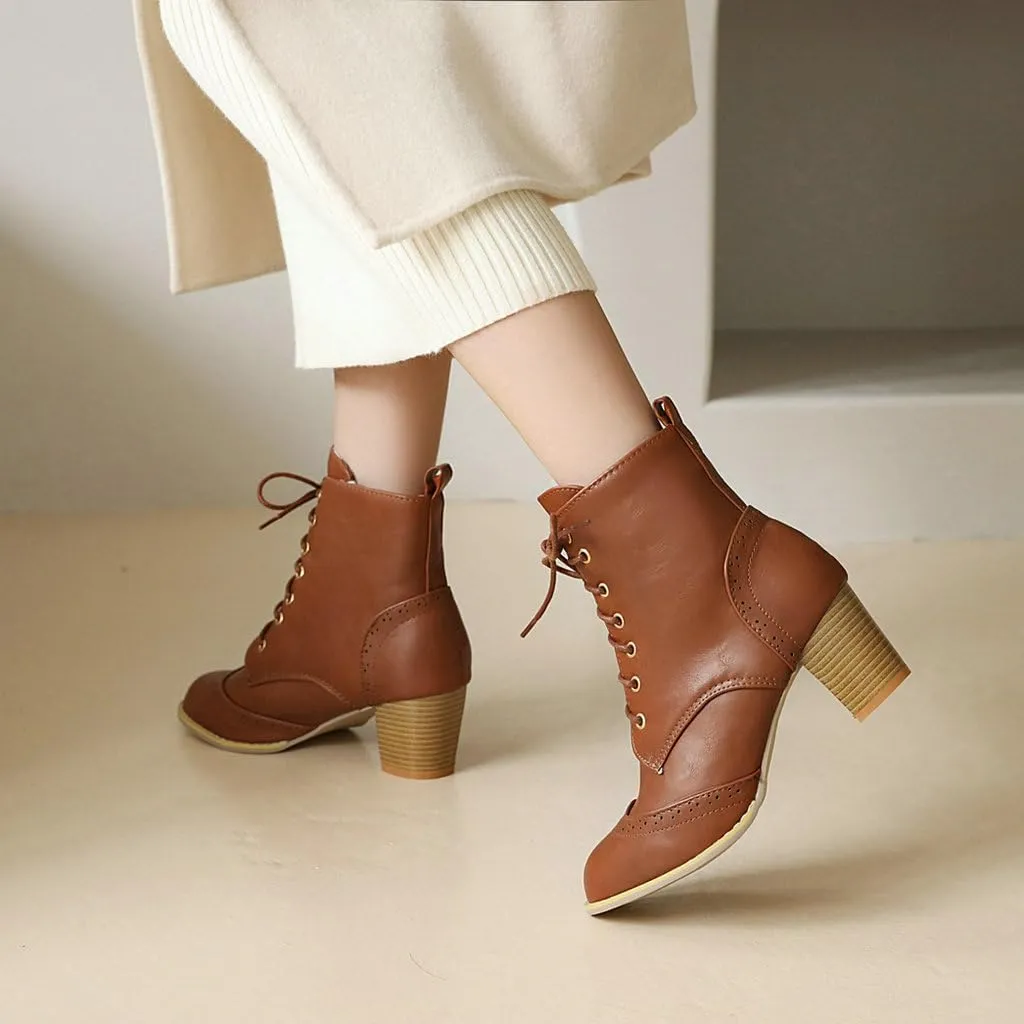 DINTAHA Pirate Boots Womens Victorian Ankle Boots Lace Up Chunky Heel Booties Vintage Oxford Wingtip Boots