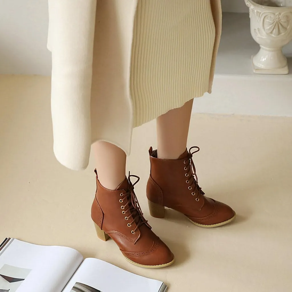 DINTAHA Pirate Boots Womens Victorian Ankle Boots Lace Up Chunky Heel Booties Vintage Oxford Wingtip Boots