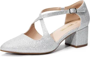 DREAM PAIRS Women's Chunky Heels Dress Pumps Closed Pointed Toe Comfort Cross Strap Block Heel Shoes for Party Dance Wedding