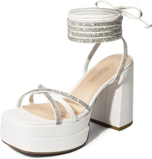 DREAM PAIRS Women's Lace Up Platform Heels Rhinestone High Strappy Chunky Sandal Y2K Shoe for Club Party Date Prom
