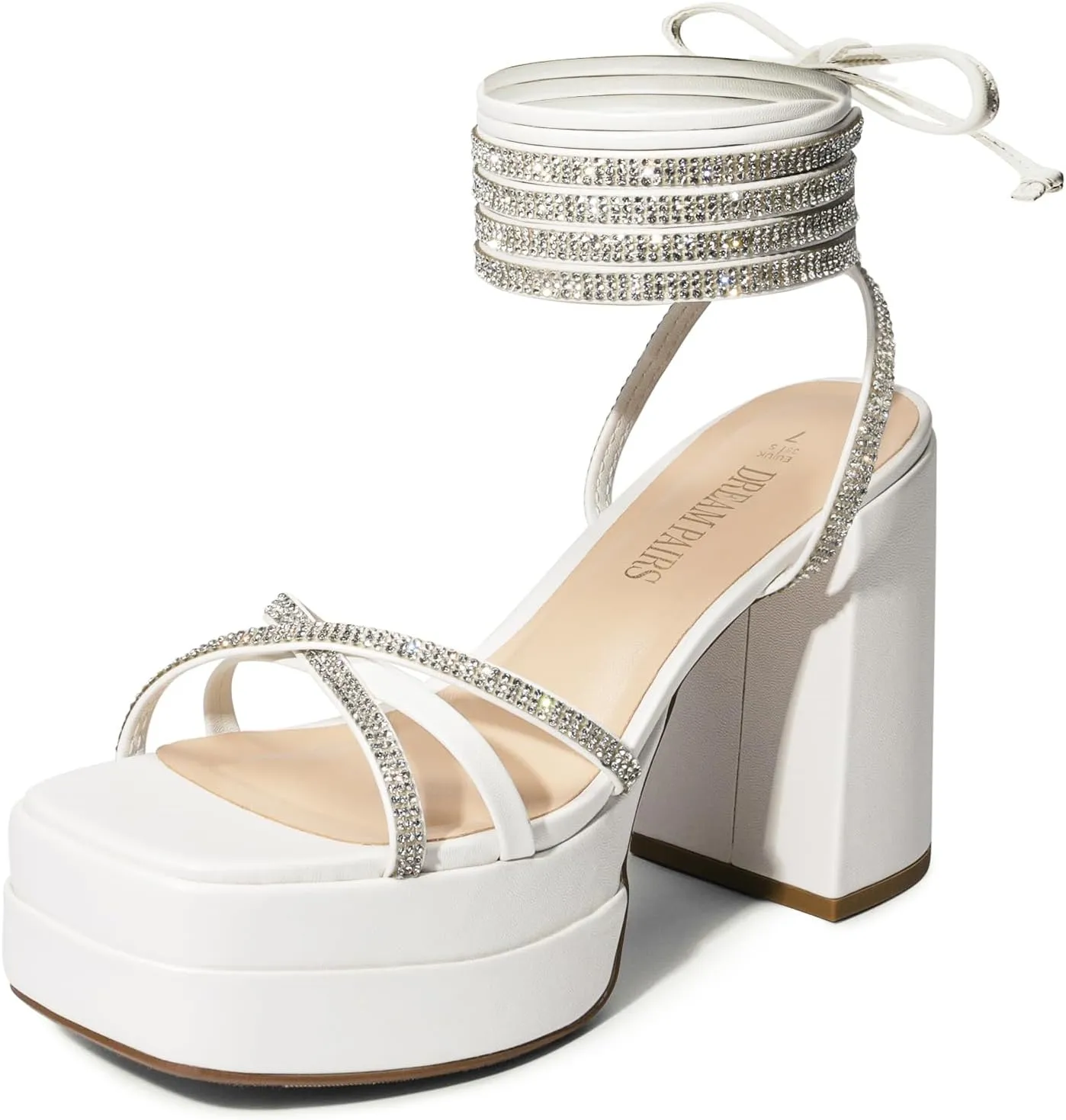 DREAM PAIRS Women's Lace Up Platform Heels Rhinestone High Strappy Chunky Sandal Y2K Shoe for Club Party Date Prom