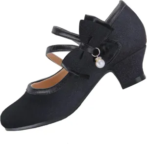 EIGHT KM Girls High Heel Dress Shoes Mary Jane Princess Wedding Party Pump Shoes EKM7035 Sparkle Glittery Minerva Pearl Bow Black US Toddler Size 8