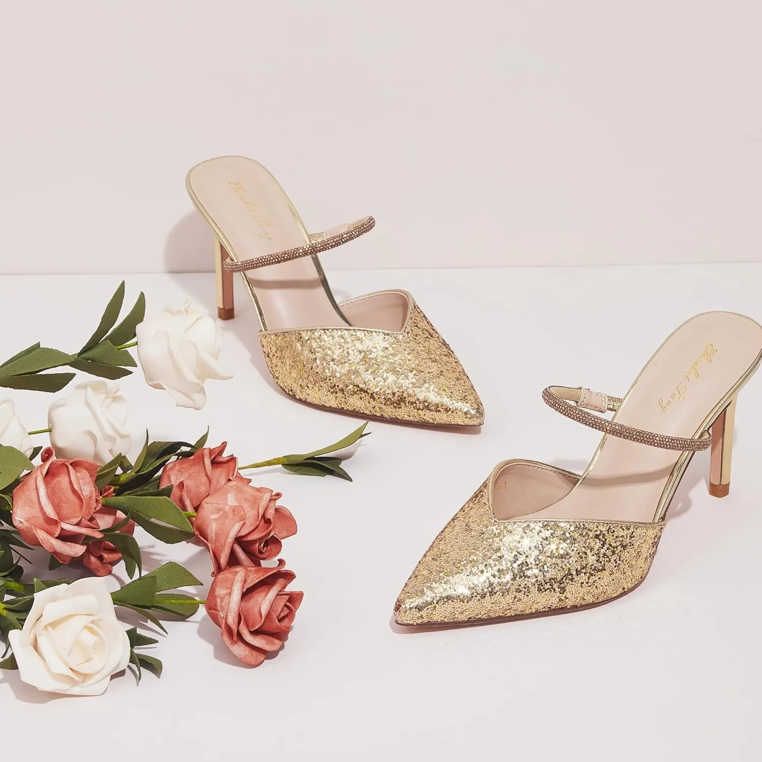 Elisabet Tang Pointed Toe Heels Sandals, 3.54 Inch Pearl Strap Satin Mules Stiletto Heels Glitter Crystal Closed Toe High Heels Backless Slip On Party Dress Daily Wear Pumps