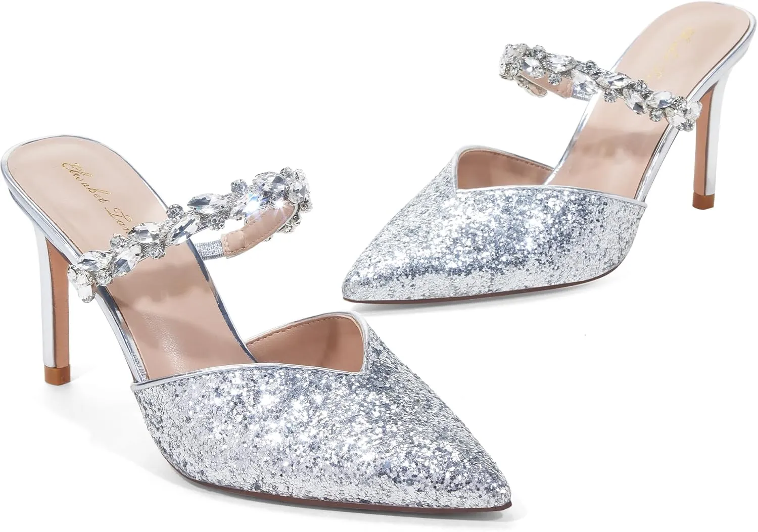Elisabet Tang Pointed Toe Heels Sandals, 3.54 Inch Pearl Strap Satin Mules Stiletto Heels Glitter Crystal Closed Toe High Heels Backless Slip On Party Dress Daily Wear Pumps