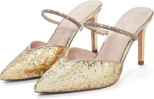 Elisabet Tang Pointed Toe Heels Sandals, 3.54 Inch Pearl Strap Satin Mules Stiletto Heels Glitter Crystal Closed Toe High Heels Backless Slip On Party Dress Daily Wear Pumps
