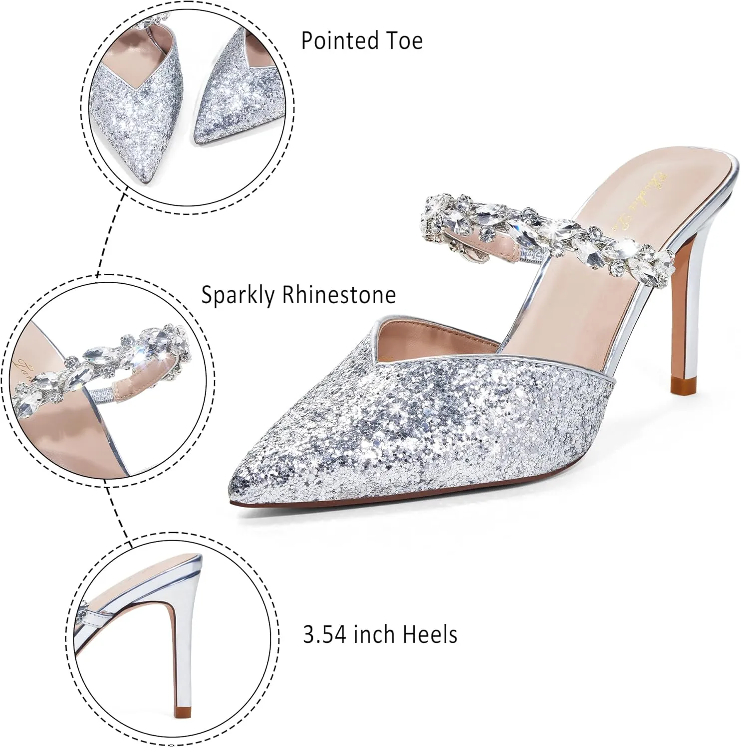 Elisabet Tang Pointed Toe Heels Sandals, 3.54 Inch Pearl Strap Satin Mules Stiletto Heels Glitter Crystal Closed Toe High Heels Backless Slip On Party Dress Daily Wear Pumps