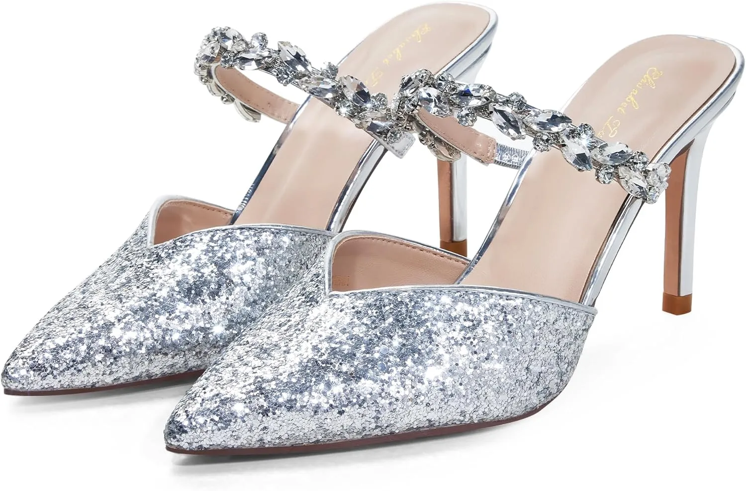 Elisabet Tang Pointed Toe Heels Sandals, 3.54 Inch Pearl Strap Satin Mules Stiletto Heels Glitter Crystal Closed Toe High Heels Backless Slip On Party Dress Daily Wear Pumps