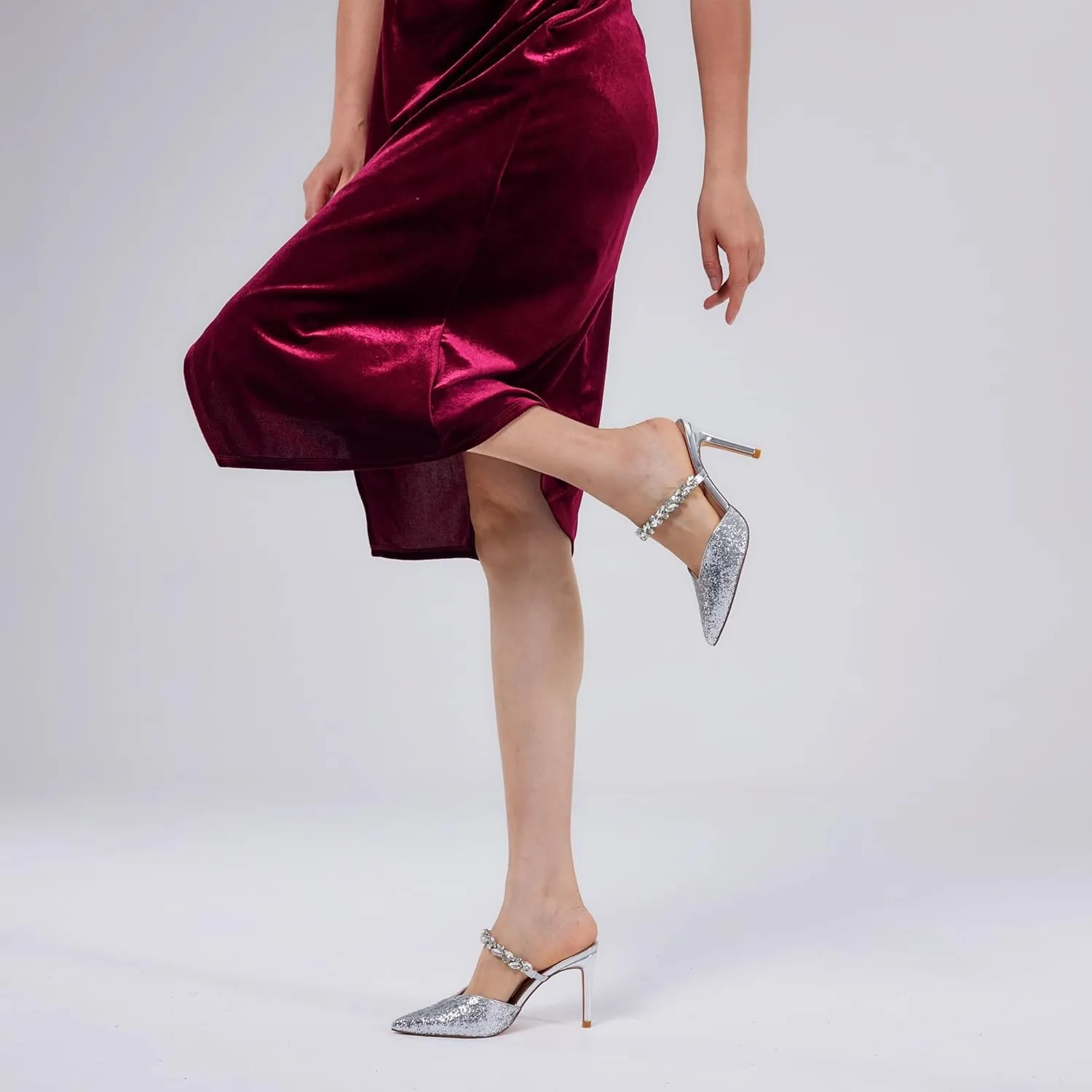 Elisabet Tang Pointed Toe Heels Sandals, 3.54 Inch Pearl Strap Satin Mules Stiletto Heels Glitter Crystal Closed Toe High Heels Backless Slip On Party Dress Daily Wear Pumps