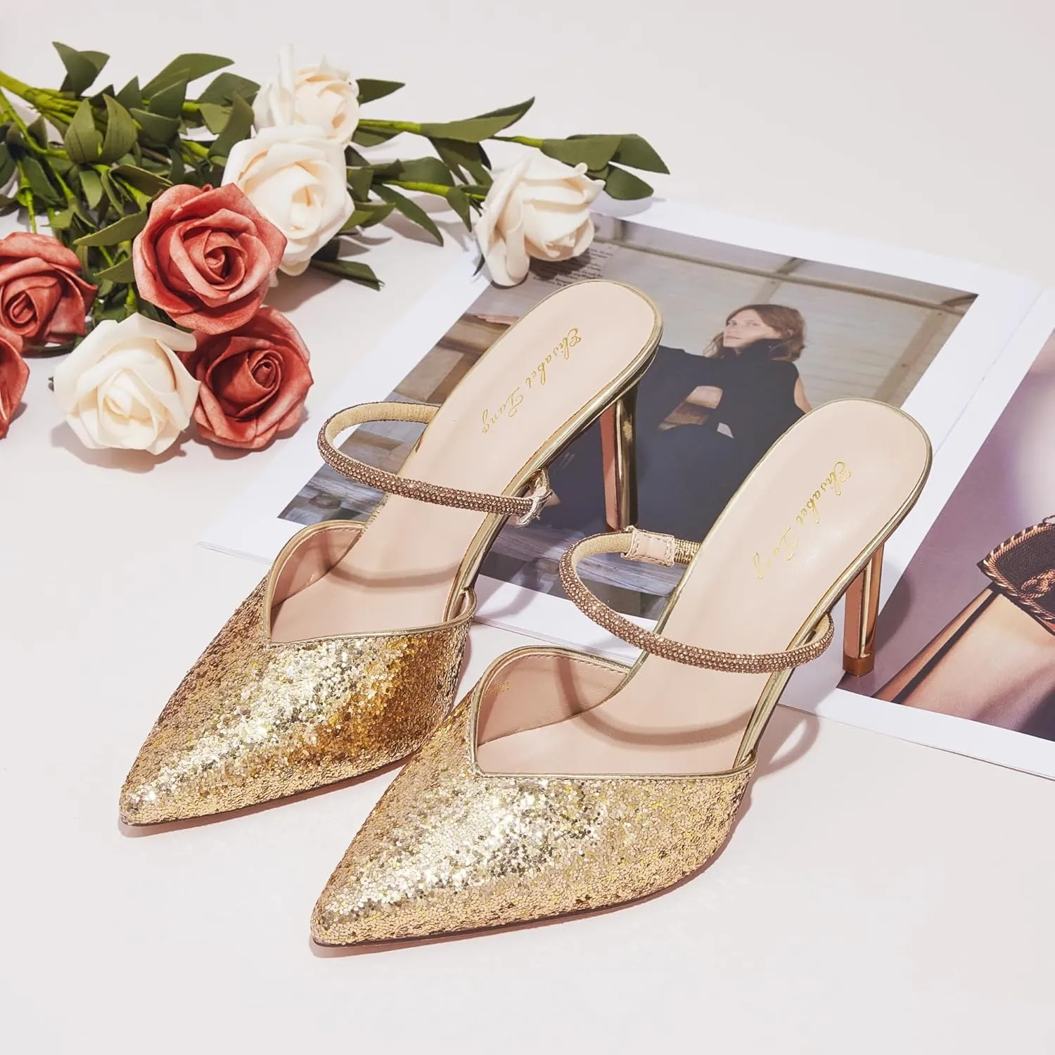 Elisabet Tang Pointed Toe Heels Sandals, 3.54 Inch Pearl Strap Satin Mules Stiletto Heels Glitter Crystal Closed Toe High Heels Backless Slip On Party Dress Daily Wear Pumps