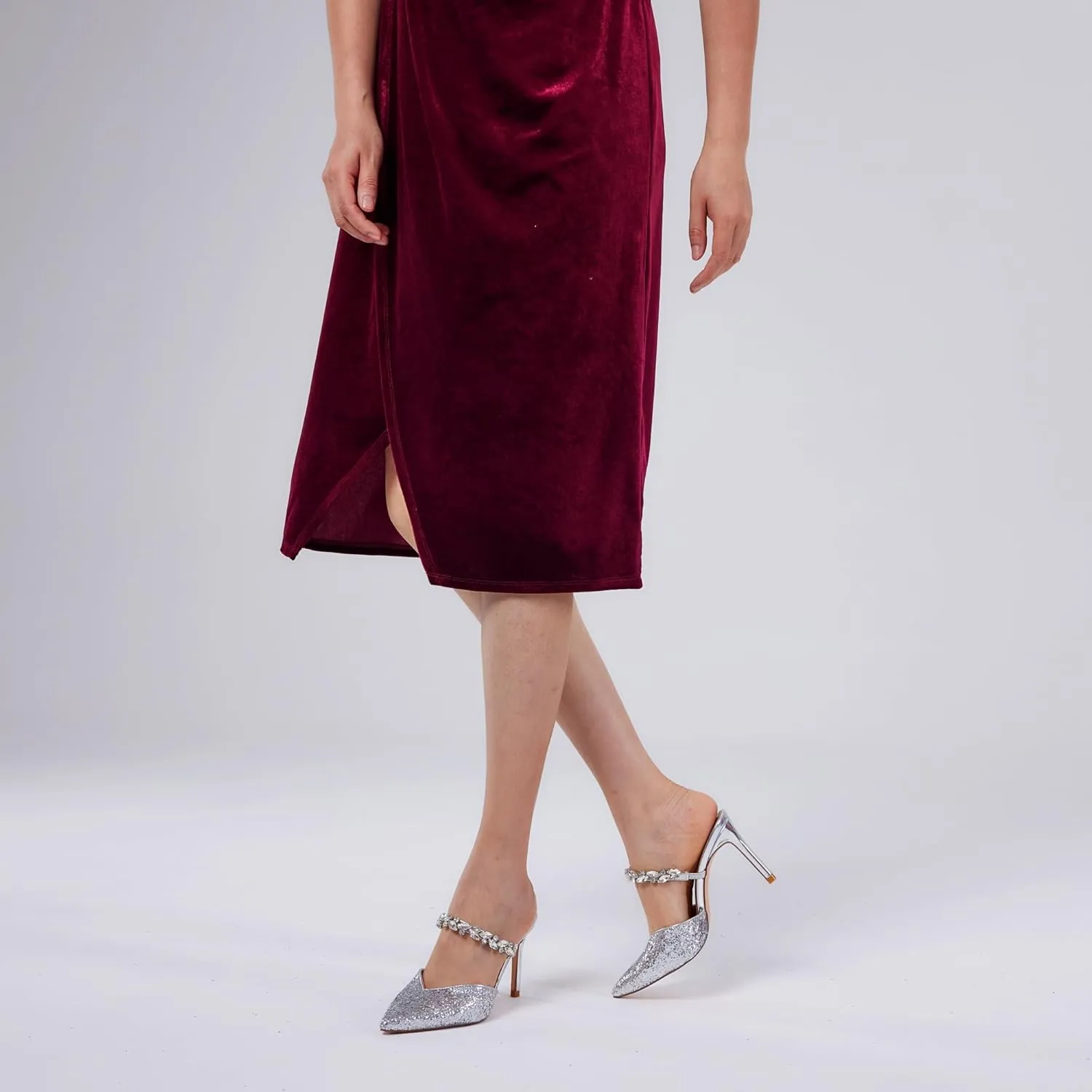 Elisabet Tang Pointed Toe Heels Sandals, 3.54 Inch Pearl Strap Satin Mules Stiletto Heels Glitter Crystal Closed Toe High Heels Backless Slip On Party Dress Daily Wear Pumps