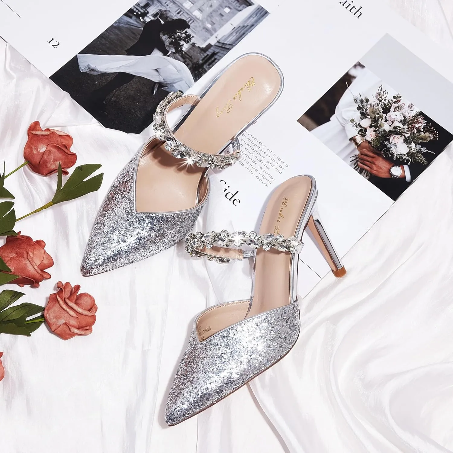 Elisabet Tang Pointed Toe Heels Sandals, 3.54 Inch Pearl Strap Satin Mules Stiletto Heels Glitter Crystal Closed Toe High Heels Backless Slip On Party Dress Daily Wear Pumps